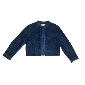 Vtg Emporium Capwell Crop Suede Leather Jacket Blue Open Front Ribbed Womens L